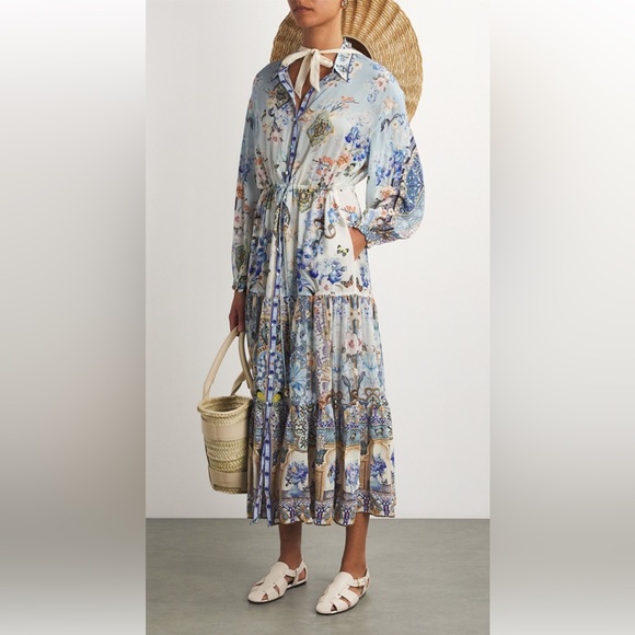 NWT Camilla Floral Silk Tiered Midi Shirtdress Size XS crystals blue - Picture 8 of 15